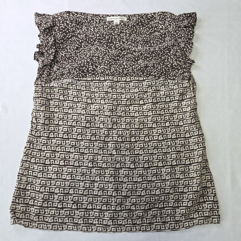 Banana‎ Republic Womens Medium Silk Blouse Brown Ruffle Sleeve Artsy Boho Chic